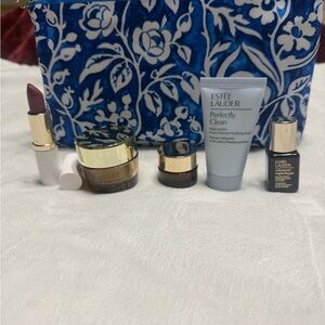 Estée Lauder Skincare and Makeup Set with Blue Floral Bag
